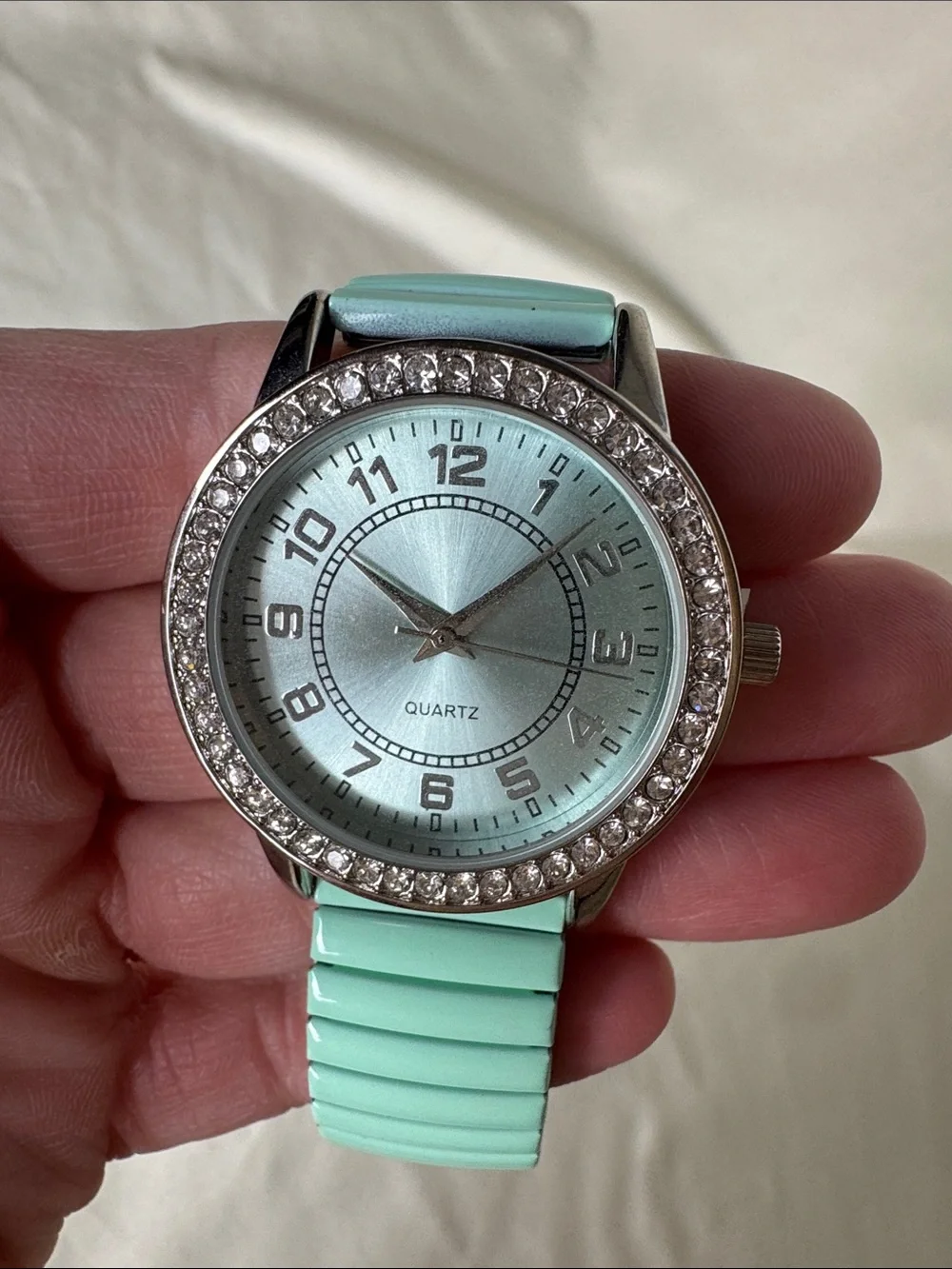 Set of 3 Rhinestone Accent Stretch Band Watches - Pastel Pink, Blue, Mint